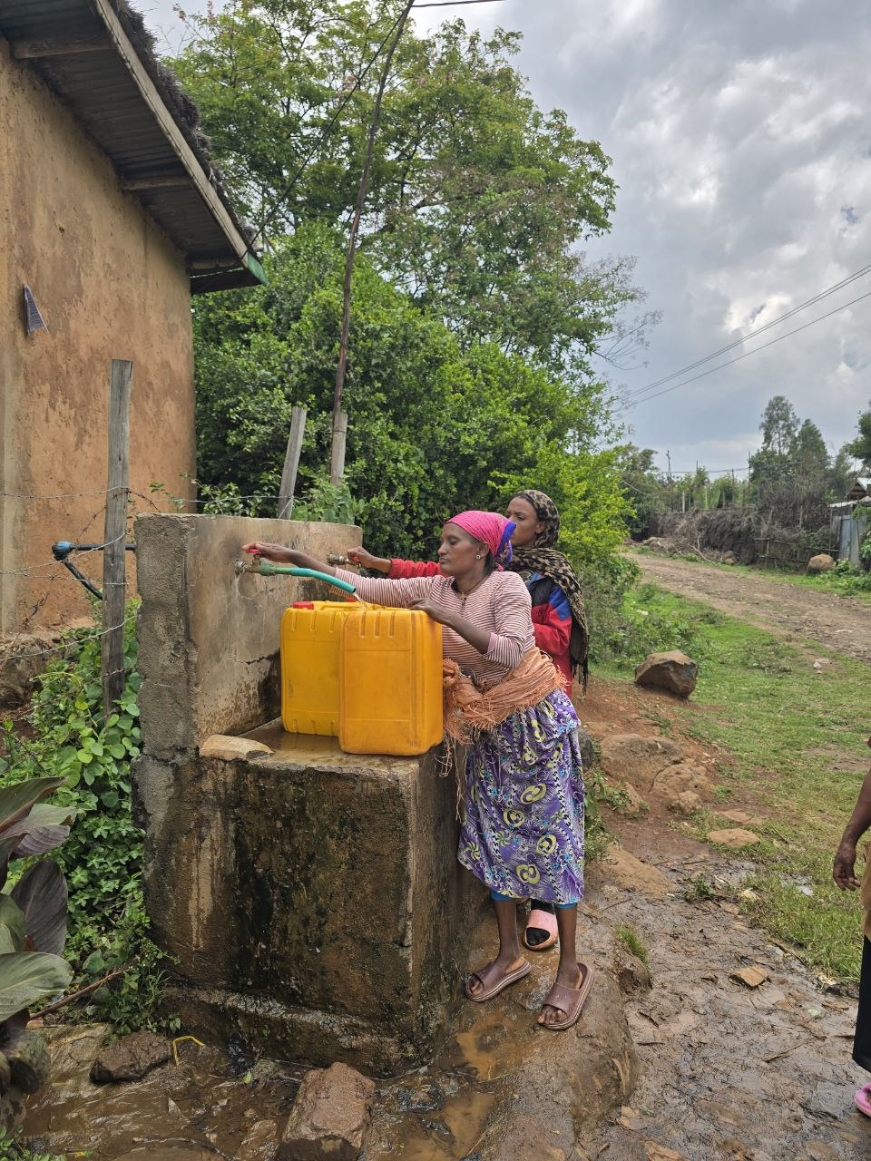 A young woman filling jerrycans at the village water point provided by Gallica